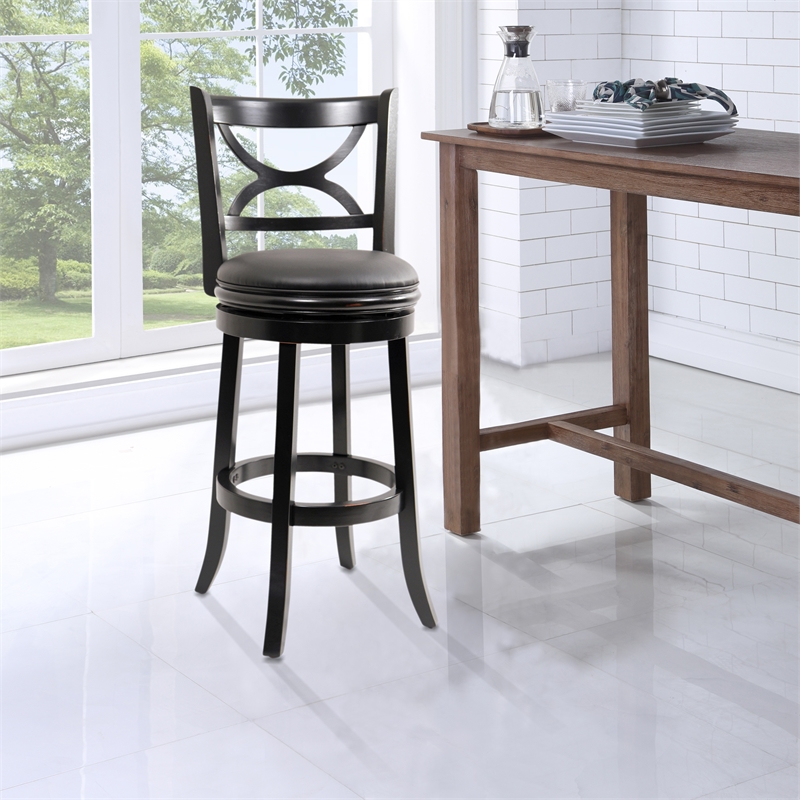 Pemberly Row Contemporary Rubberwood Swivel Bar Stool in Black Sandthru
