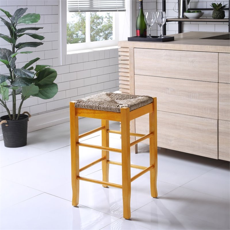 Pemberly Row Rubberwood Square Rush Backless Counter Stool in Oak