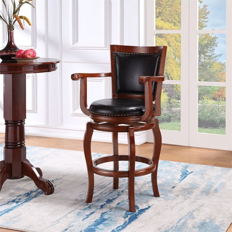 Pemberly Row Rubberwood Swivel Bar Stool with Arms in Cherry
