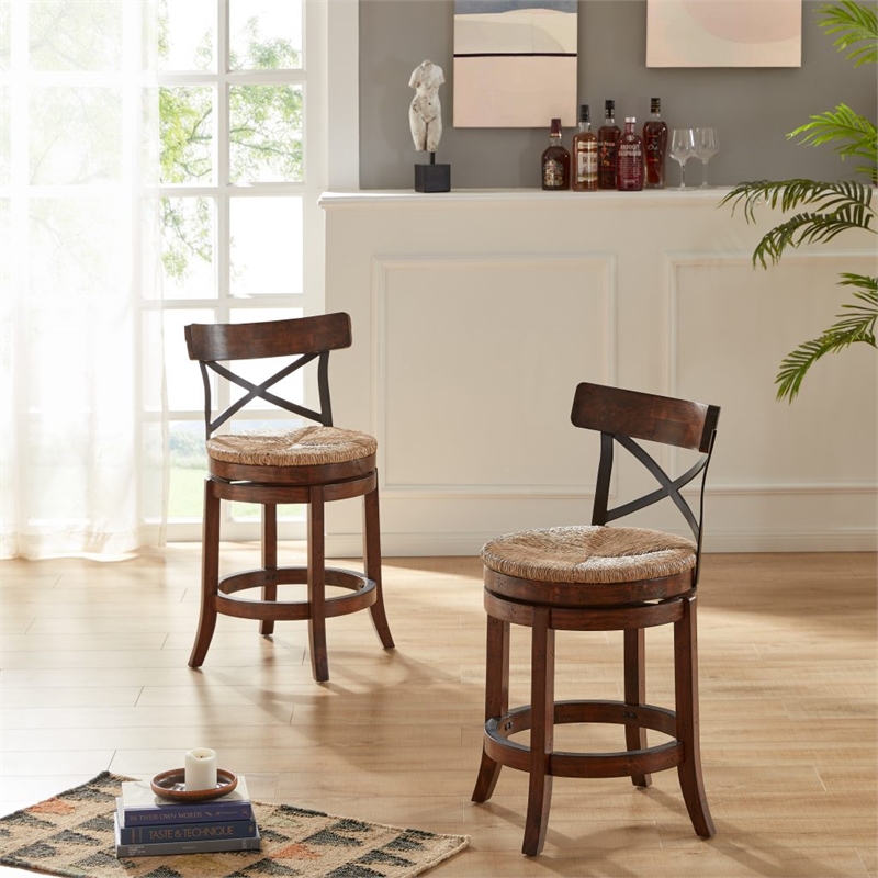 Pemberly Row Rubberwood Swivel Counter Stool in Mahogany Wire Brush