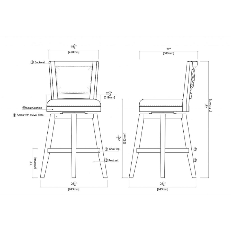 Pemberly Row Contemporary Rubberwood Swivel Bar Stool in Cappuccino