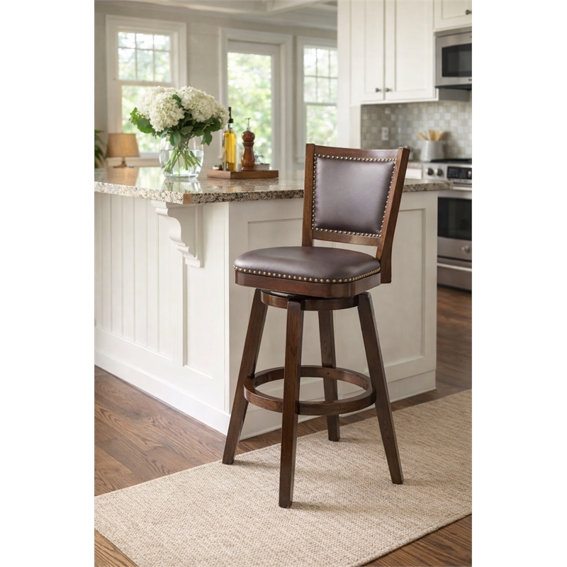 Pemberly Row Contemporary Rubberwood Swivel Bar Stool in Cappuccino