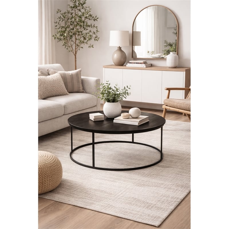Pemberly Row Contemporary Round Metal Coffee Table in Dark Brown