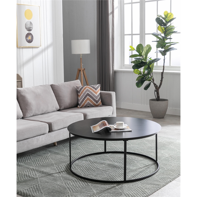 Pemberly Row Contemporary Round Metal Coffee Table in Dark Brown