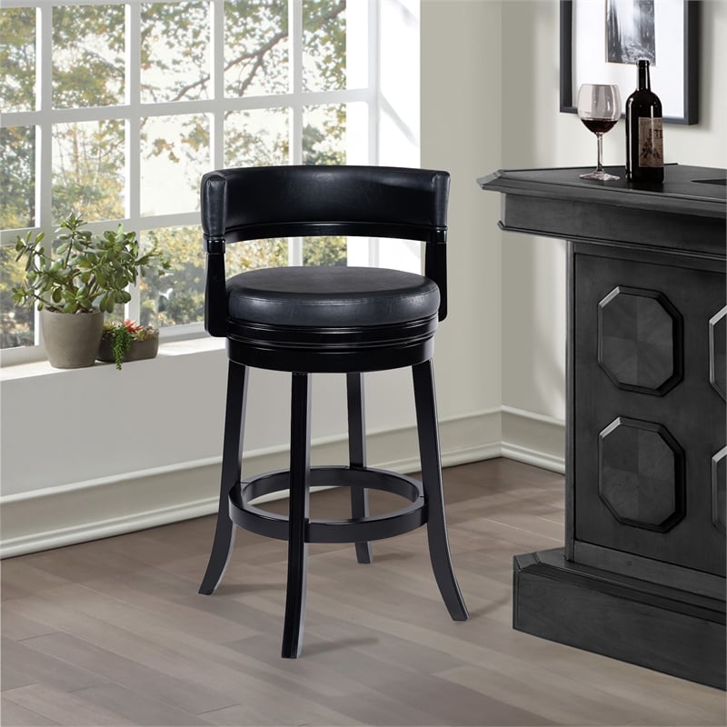 Pemberly Row Rubberwood Swivel Bar Stool with Faux Leather in Black