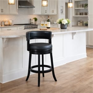 Pemberly Row Rubberwood Swivel Bar Stool with Faux Leather in Black