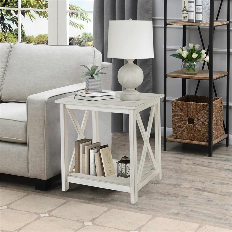Pemberly Row Rubberwood End Table with X-Base in Antique White