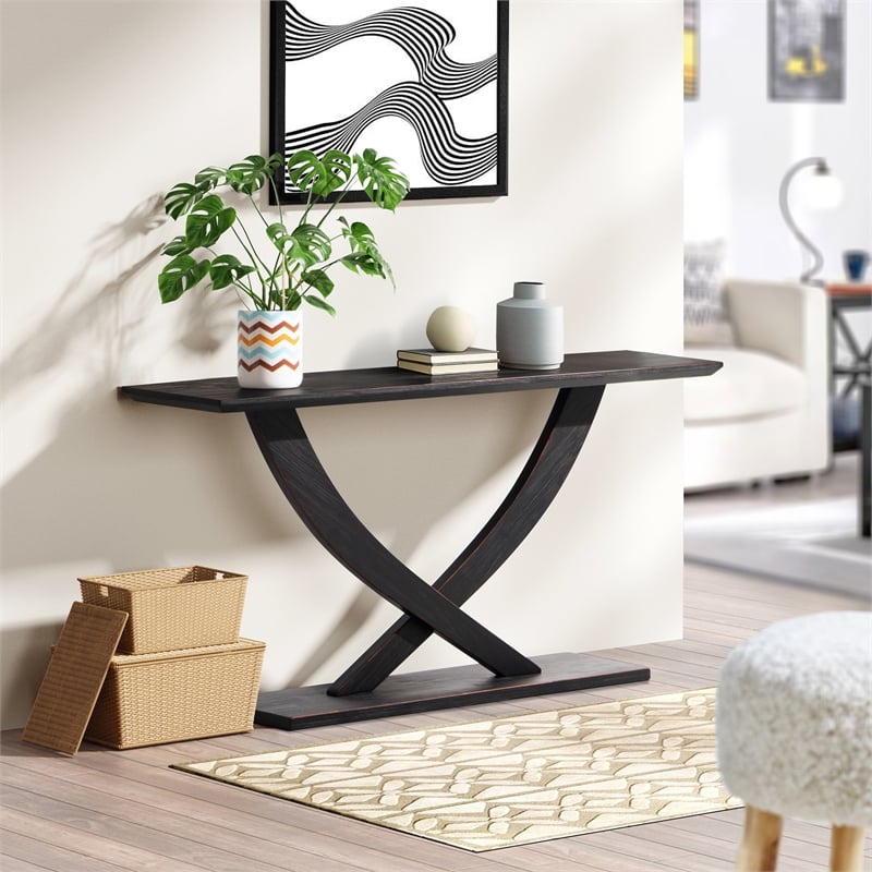 Pemberly Row Contemporary Acacia Wood Console Table in Black Charcoal