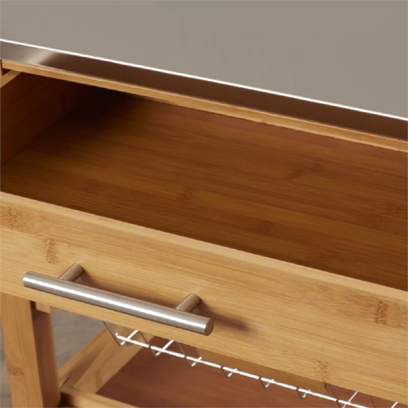 Pemberly Row Bamboo Kitchen Cart with Stainless Steel Top in Natural