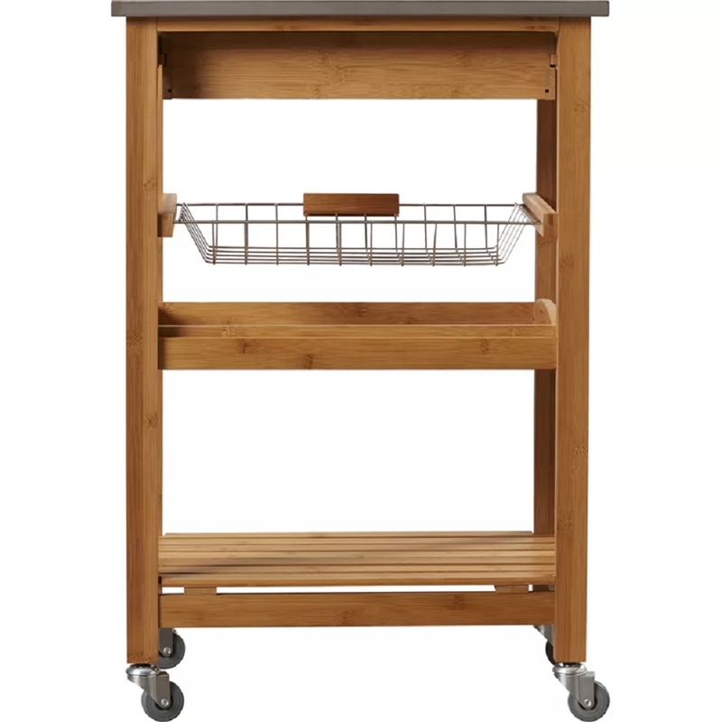 Pemberly Row Bamboo Kitchen Cart with Stainless Steel Top in Natural