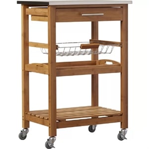 Pemberly Row Bamboo Kitchen Cart with Stainless Steel Top in Natural