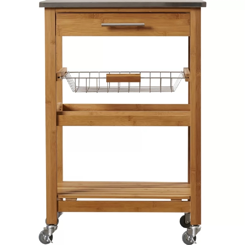 Pemberly Row Bamboo Kitchen Cart with Stainless Steel Top in Natural