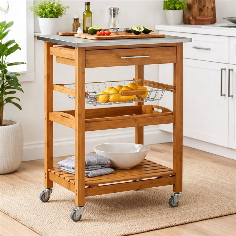 Pemberly Row Bamboo Kitchen Cart with Stainless Steel Top in Natural