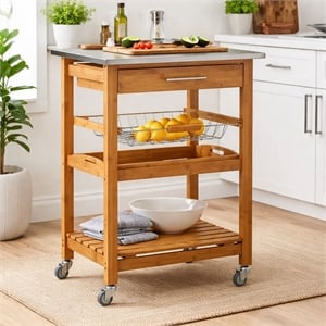 Pemberly Row Bamboo Kitchen Cart with Stainless Steel Top in Natural