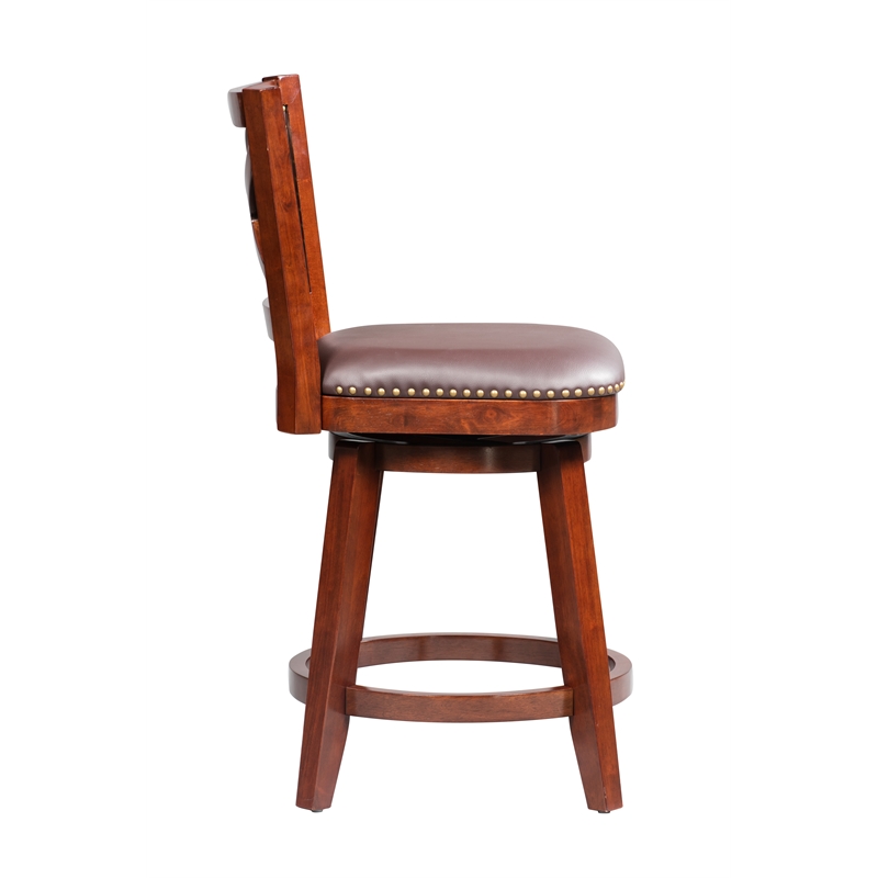 Pemberly Row Rubberwood Swivel Counter Stool with Tufted Back in Cherry