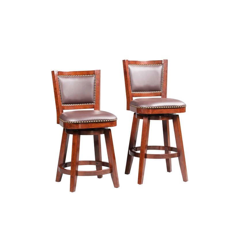 Pemberly Row Rubberwood Swivel Counter Stool with Tufted Back in Cherry
