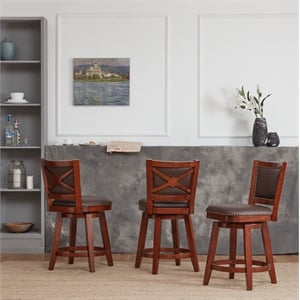 Pemberly Row Rubberwood Swivel Counter Stool with Tufted Back in Cherry