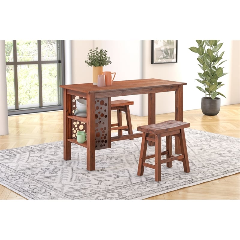 Pemberly Row Acacia Wood Dining Table with Storage Shelves in Chestnut