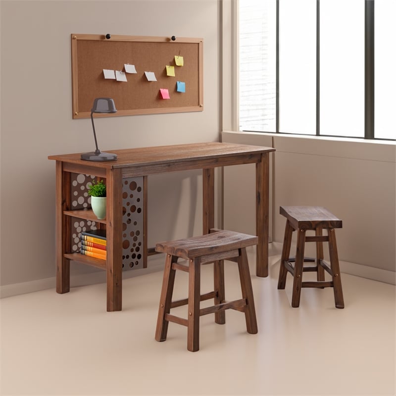 Pemberly Row Acacia Wood Dining Table with Storage Shelves in Chestnut