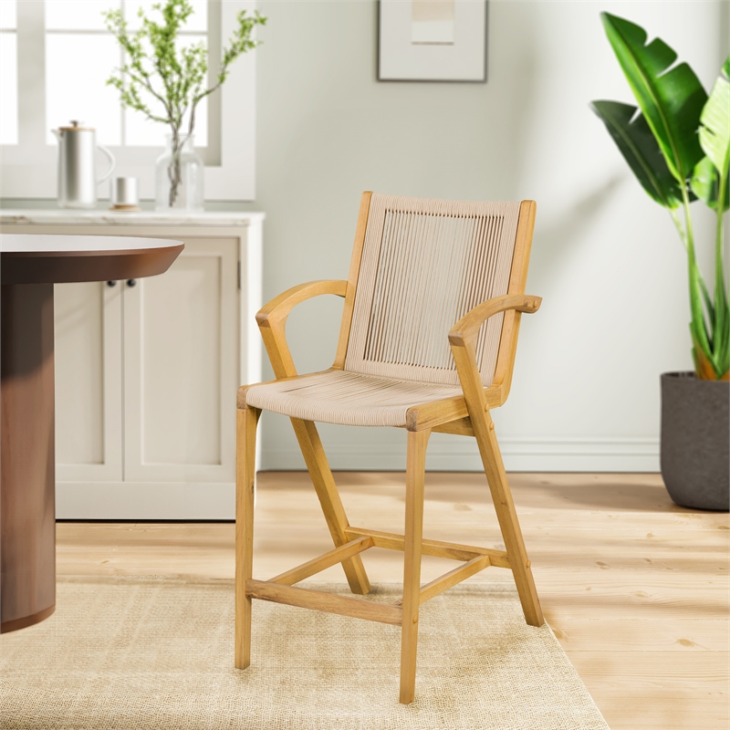 Pemberly Row Acacia Wood and Rope Bar Stool in Tan and Honeycomb