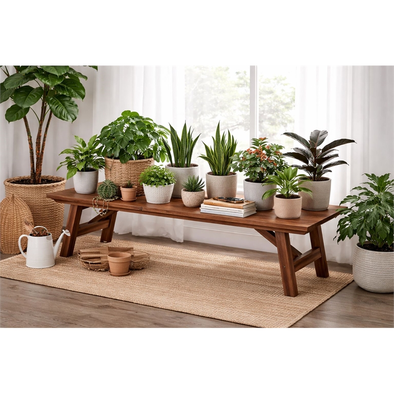 Pemberly Row Contemporary Acacia Wood Accent Plant Table in Chestnut