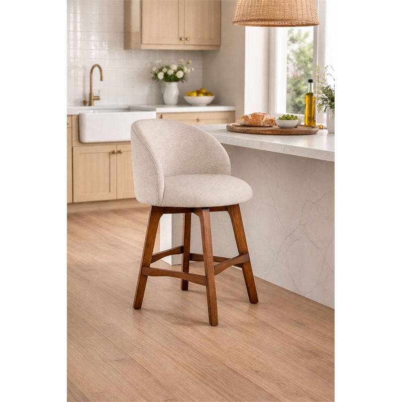 Pemberly Row Contemporary Upholstered Swivel Counter Stool in Natural
