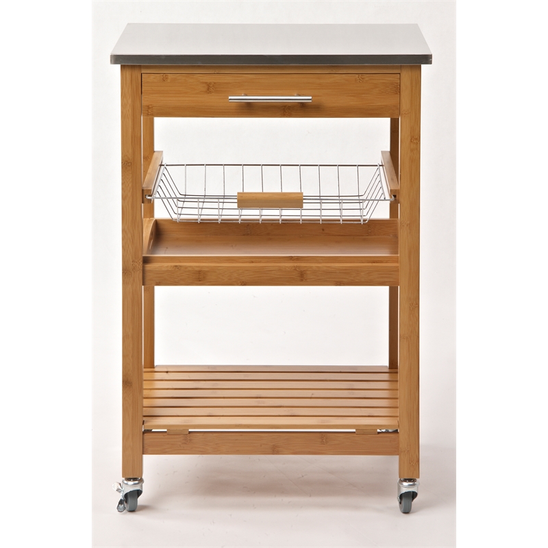 Pemberly Row Bamboo Kitchen Cart with Stainless Steel Top in Natural