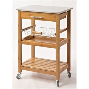 Pemberly Row Bamboo Kitchen Cart with Stainless Steel Top in Natural