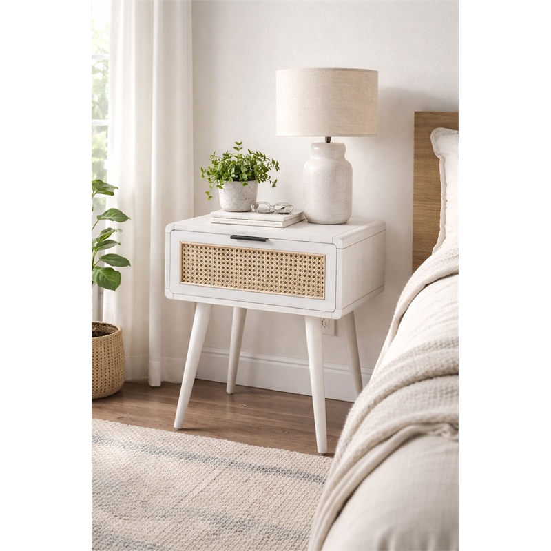 Pemberly Row Contemporary End Table with Cane Door in Zebrano Whitewash