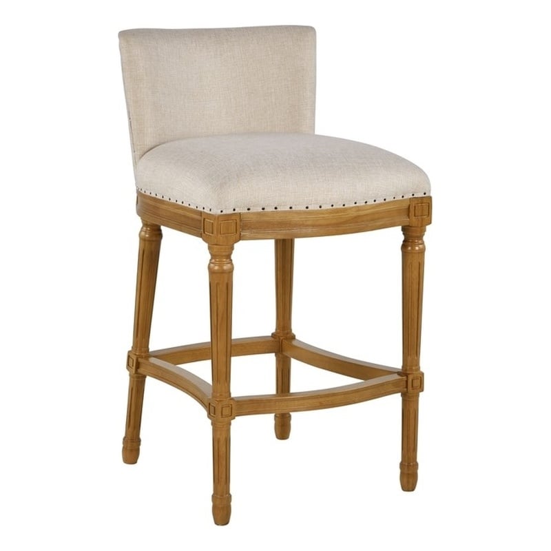 Pemberly Row Oak Wood Linen Upholstered Nailhead Bar Stool in Tan