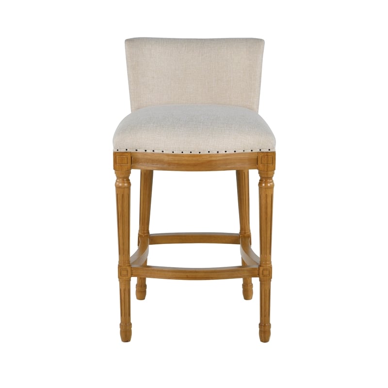 Pemberly Row Oak Wood Linen Upholstered Nailhead Bar Stool in Tan