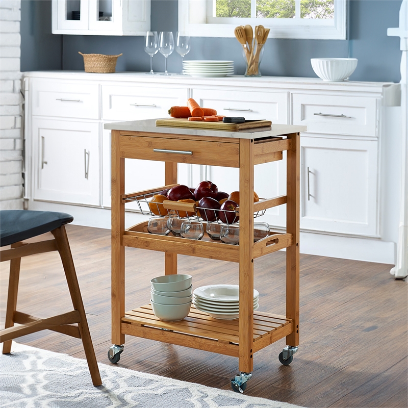 Pemberly Row Contemporary Bamboo Kitchen Cart with Faux Marble Top
