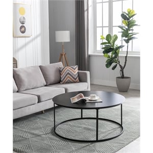 Pemberly Row Contemporary Round Iron Coffee Table in Dark Brown
