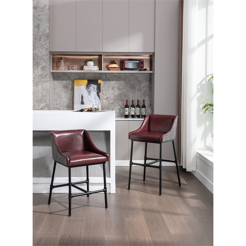 Pemberly Row Adjustable Faux Leather Metal Stool in Burgundy