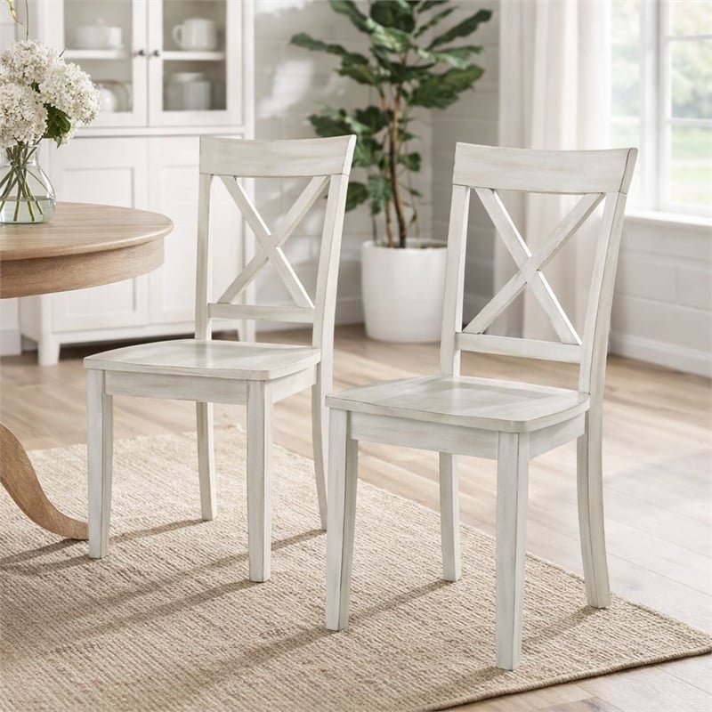 Pemberly Row Rubberwood X-Back Dining Chairs in Antique White (Set of 2)