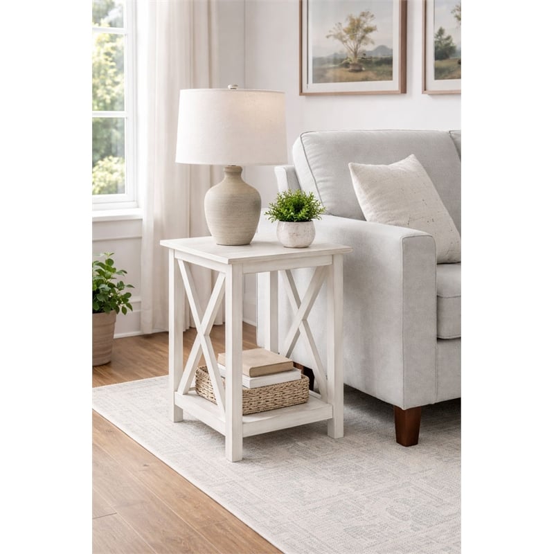 Pemberly Row Rubberwood Farmhouse Side Table in Antique White