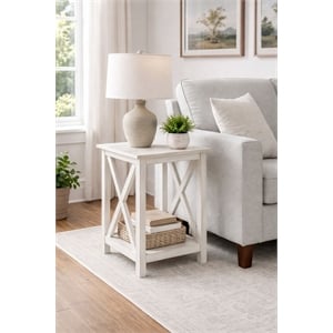Pemberly Row Rubberwood Farmhouse Side Table in Antique White