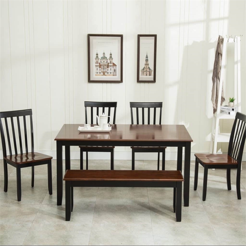 Pemberly Row Rubberwood Backless Dining Bench in Black/Cherry