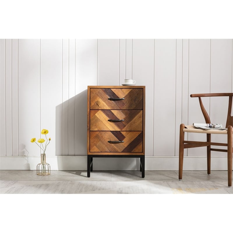 Pemberly Row Contemporary Oak Wood 3 Drawer Nightstand in Natural Oak