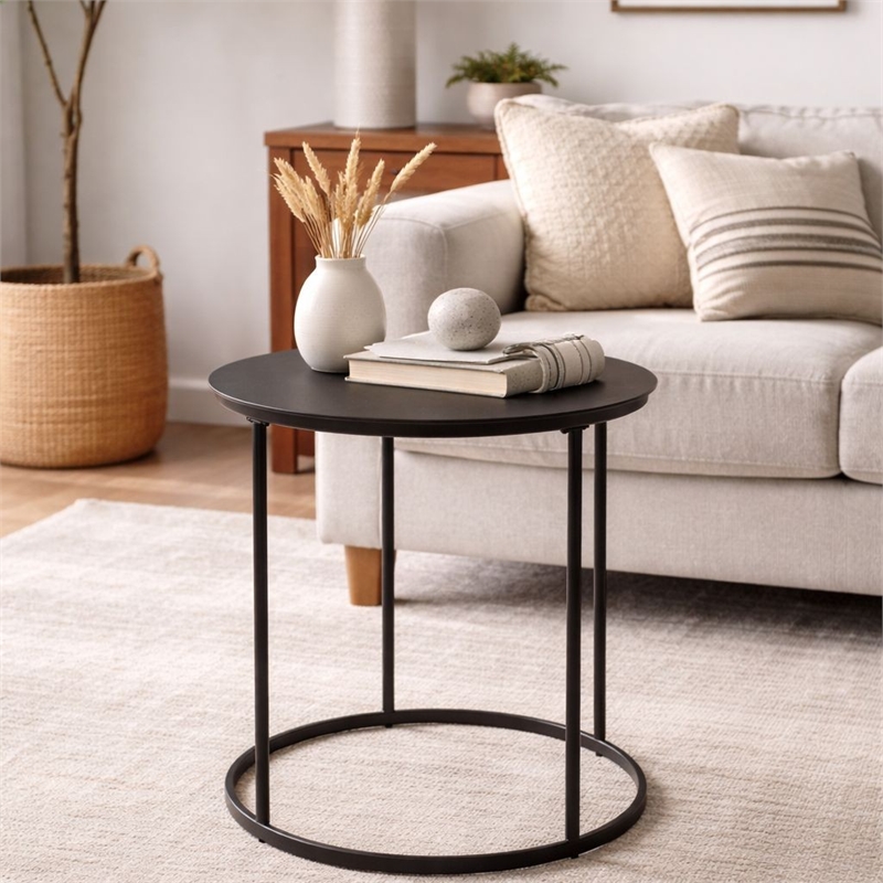 Pemberly Row Round Iron End Table with Stability Stretcher in Dark Brown