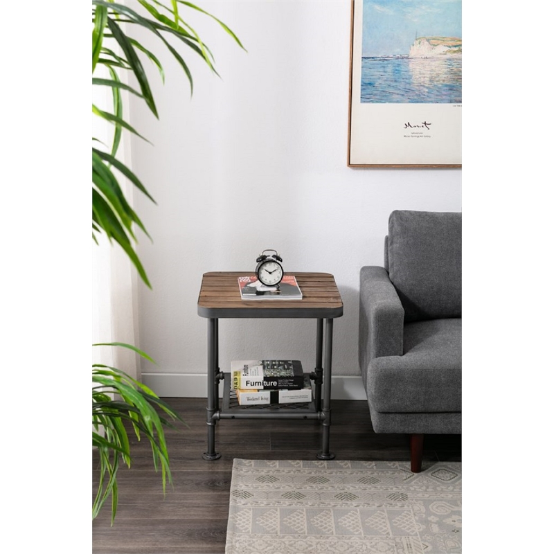 Pemberly Row Fir Wood and Metal End Table in Natural and Industrial Gray