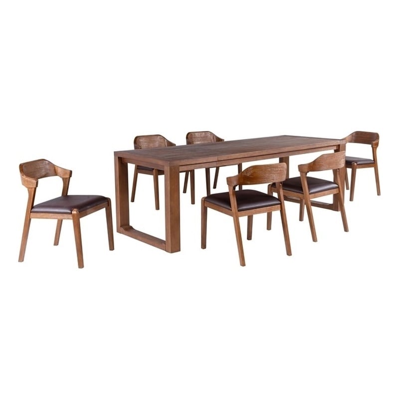Pemberly Row Rubberwood 7 Piece Dining Set in Chestnut Wire Brush
