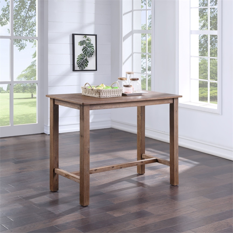 Pemberly Row Contemporary Acacia Wood Pub Table in Barnwood Wire Brush