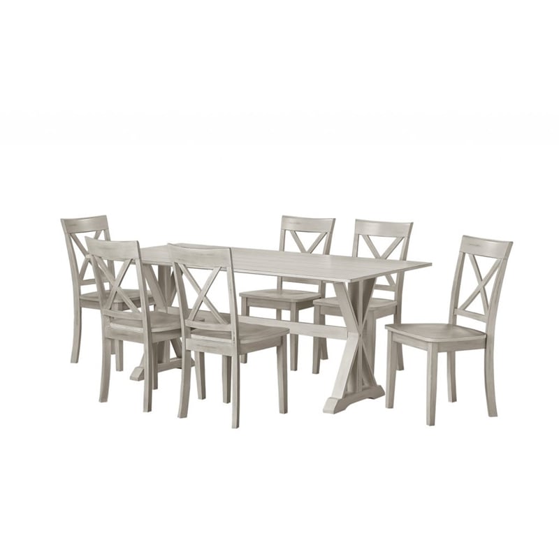 Pemberly Row 7pc Solid Wood Dining Set with X Back Chairs in Antique White