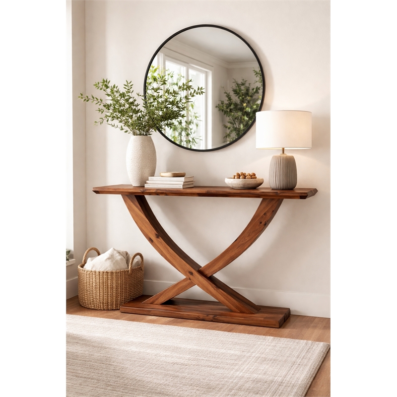 Pemberly Row Solid Acacia Wood Console Table in Chestnut Wire Brush