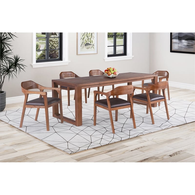 Pemberly Row 7 Piece Rubberwood Drop Leaf Dining Set in Chestnut Wire Brush