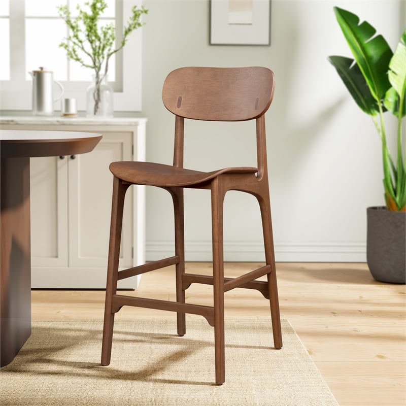 Pemberly Row Rubberwood Mid-Century Bar Height Stool in Brown Ale