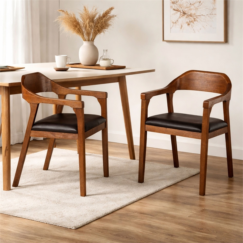 Pemberly Row Rubberwood Dining Armchairs Set of 2 in Chestnut Wire-Brush Finish