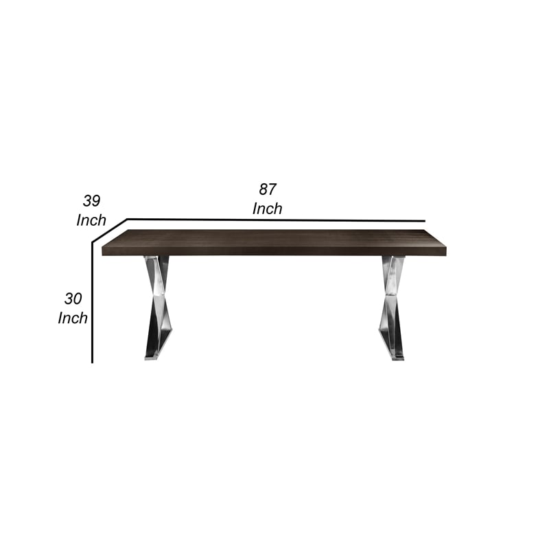 Pemberly Row 87 Inch Dining Table with X Chrome Steel Legs in Espresso Brown