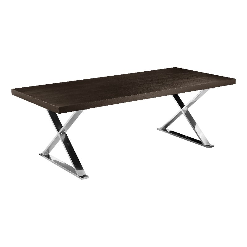 Pemberly Row 87 Inch Dining Table with X Chrome Steel Legs in Espresso Brown
